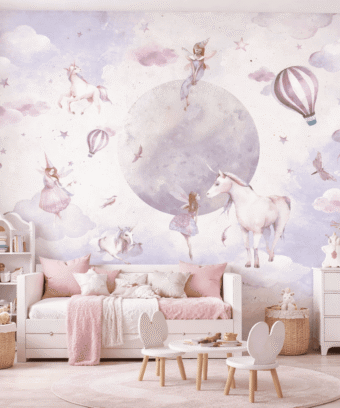 Peri MasalÄ± Unicorn ve Ay Desenli Ãocuk OdasÄ± Duvar KaÄÄ±dÄ±