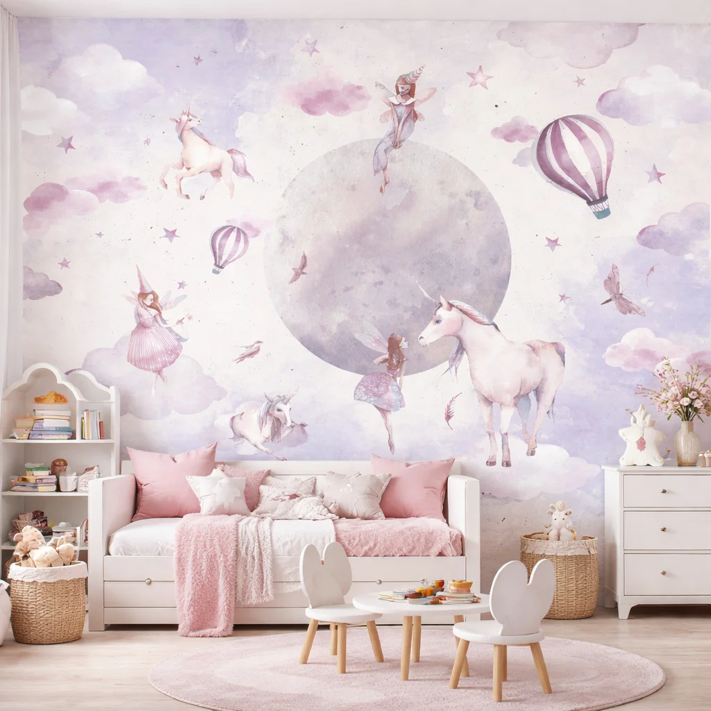 Peri MasalÄ± Unicorn ve Ay Desenli Ãocuk OdasÄ± Duvar KaÄÄ±dÄ±