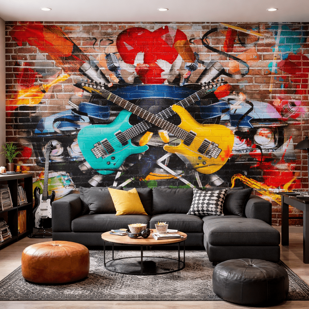 Renkli Gitar Graffiti Desenli Duvar KaÄıdı