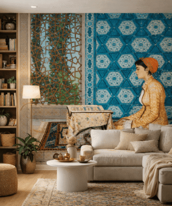 OsmanlÄ± Motifli Ãini Desenli KadÄ±n FigÃ¼rlÃ¼ Duvar KaÄÄ±dÄ±