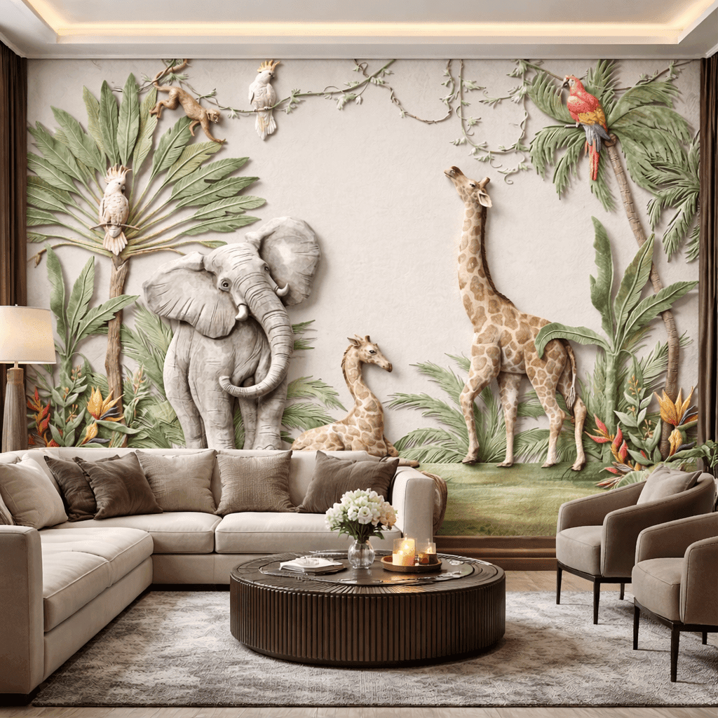 Pastel Safari Hayvanlar 5D Kabartma Görünümlü Duvar KaÄıdı