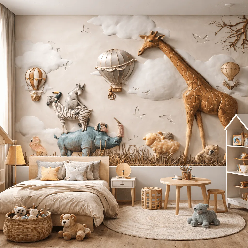 3D Safari Hayvanlar ve Balonlar Ãocuk OdasÄ± Duvar KaÄÄ±dÄ±