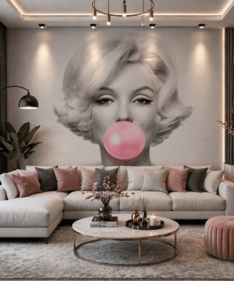 Pembe Balonlu Retro KadÄ±n Portre Duvar KaÄÄ±dÄ±