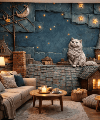 Gece Åehri ÃatÄ±sÄ±nda Kedi 5D Kabartma GÃ¶rÃ¼nÃ¼mlÃ¼ duvar kaÄÄ±dÄ±