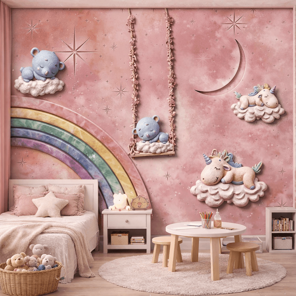 GökkuÅaÄı Ay ve Unicorn Temalı 5D Kabartmalı Duvar KaÄıdı