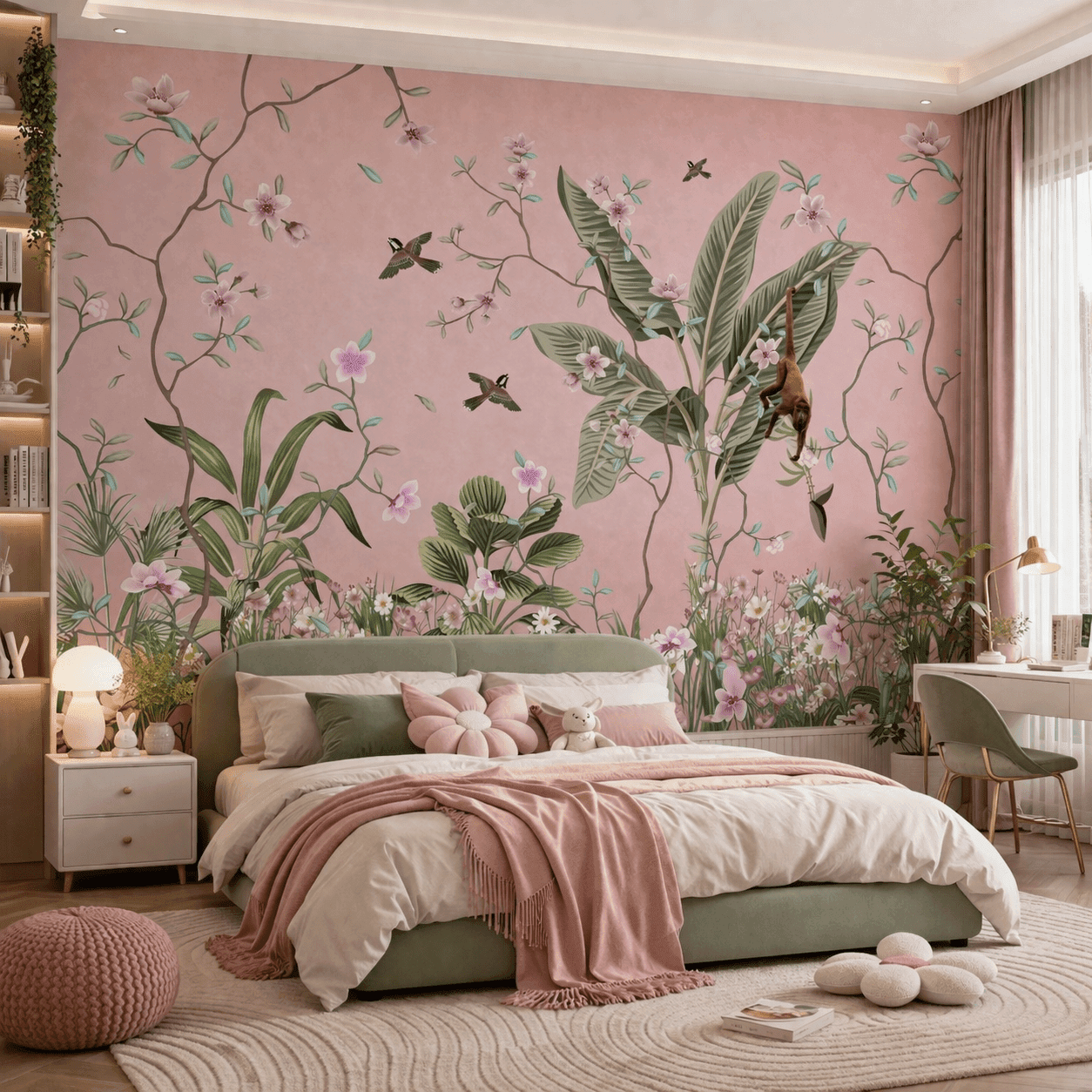 Pembe Tropikal Bahçe Desenli Duvar KaÄıdı