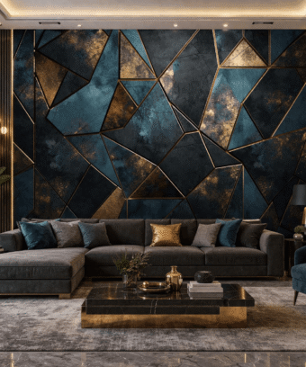 Geometrik Altın Detaylı Lacivert Duvar KaÄıdı