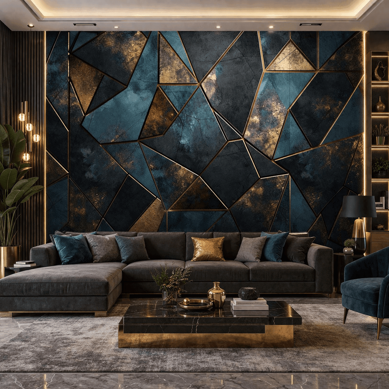 Geometrik Altın Detaylı Lacivert Duvar KaÄıdı