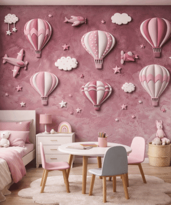 Pembe UÃ§an Balonlar ve YÄ±ldÄ±zlar 5D Kabartma GÃ¶rÃ¼nÃ¼mlÃ¼ duvar kaÄÄ±dÄ±
