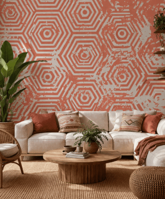 Mercan Geometrik AltÄ±gen Desenli Duvar KaÄÄ±dÄ±