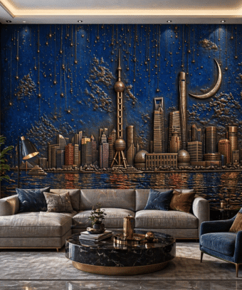 Yıldızlı Gece Åehir Manzaralı 5D Kabartma Görünümlü Duvar KaÄıdı